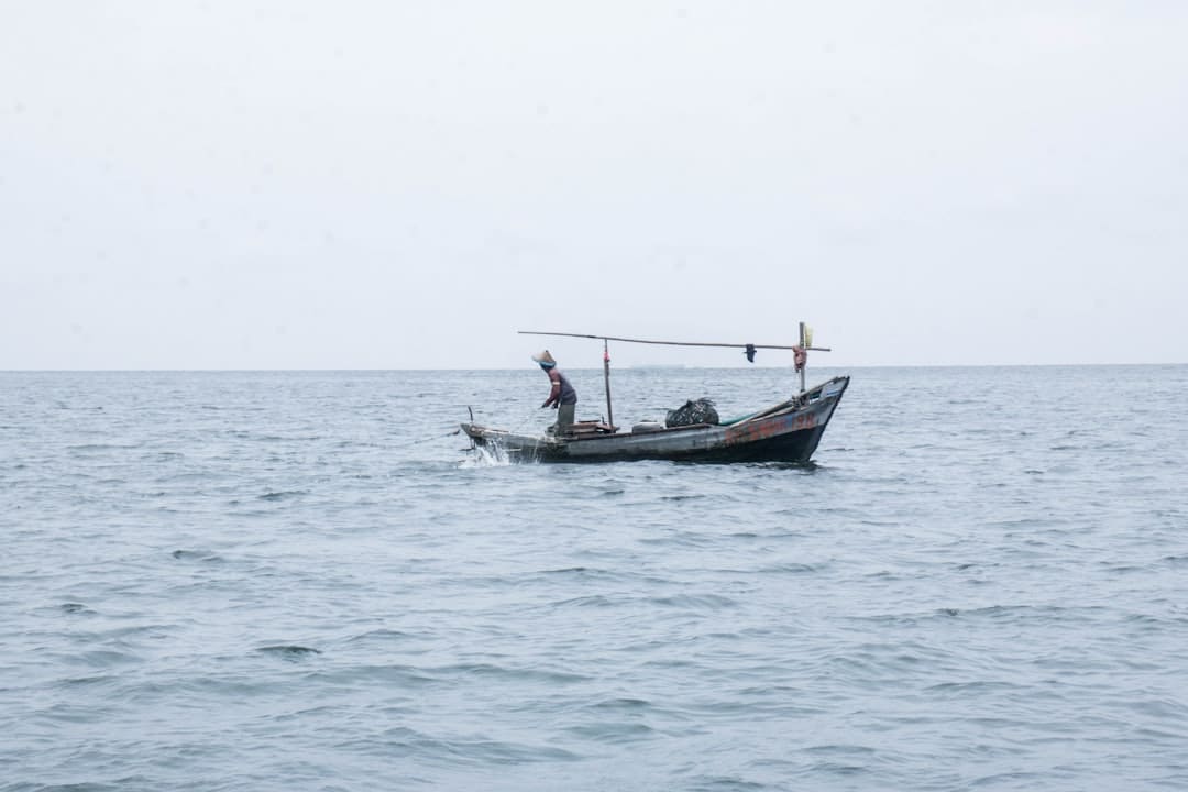 An offshore fishing scene with a boat.