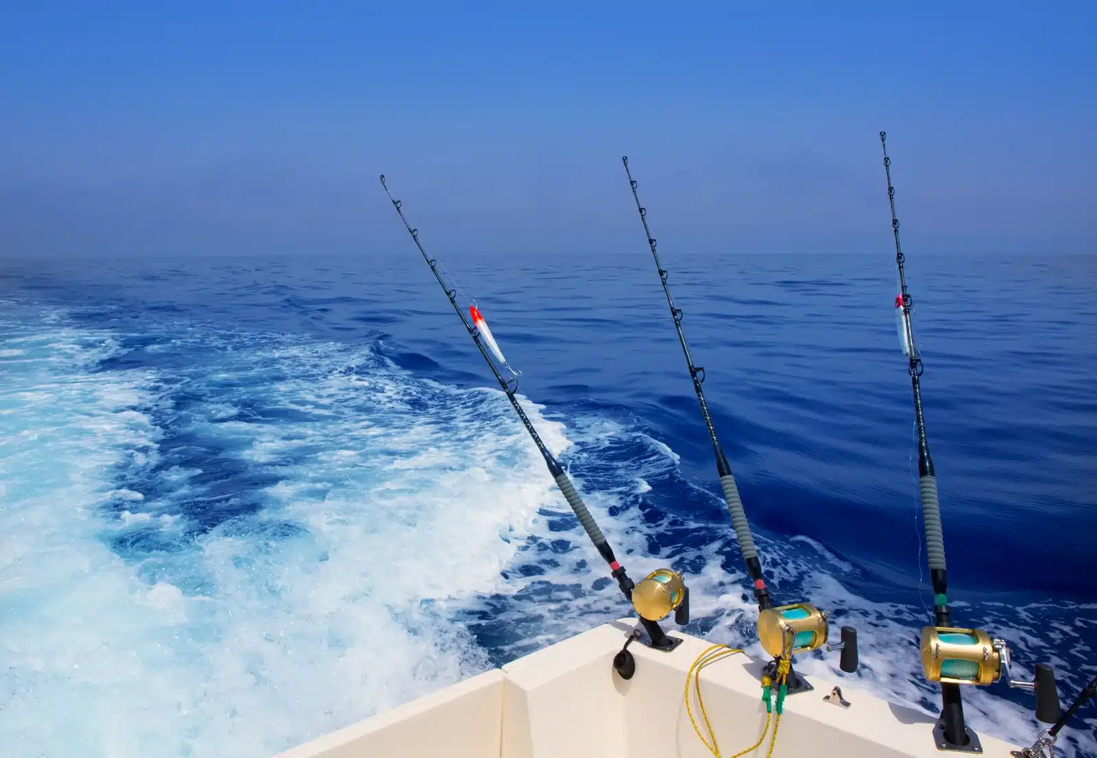 Boat fishing trolling in deep blue ocean offshore 1767007853005